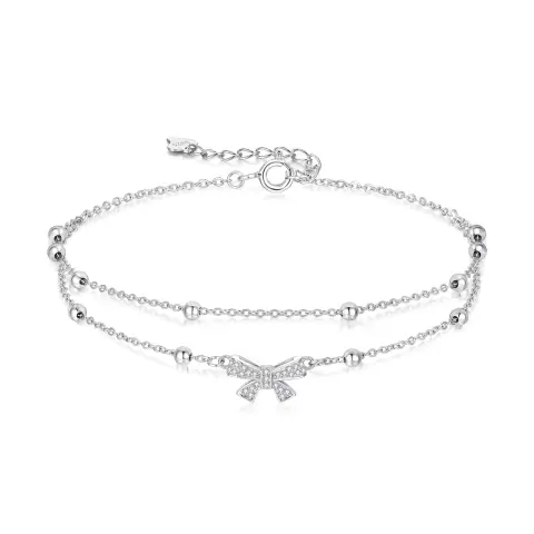 Ever Faith 925 Sterling Silver Layered Bowknot Bracelet Hypoallergenic Sparkly White CZ Tiny Bead Adjustbele Link Chain Jewelry for Women