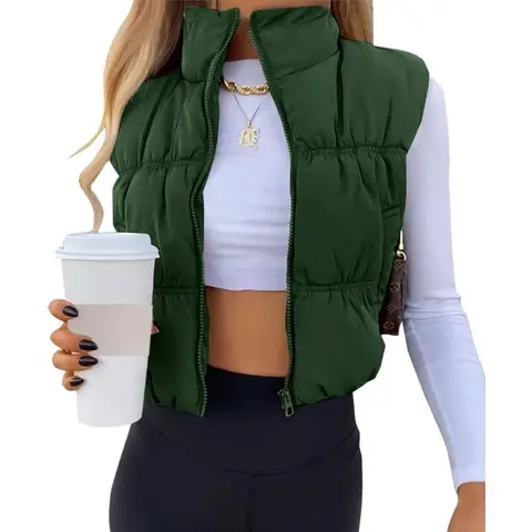 Women's Crop Puffer Vest Winter Zip Up Lightweight Sleeveless Warm Outerwear Padded Coat (darkgreen, XL)