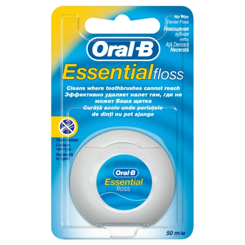 Oral-B Essential Floss - Removes Plaque  - Unwaxed Dental Floss for Tight Spaces - Unflavoured - 50m
