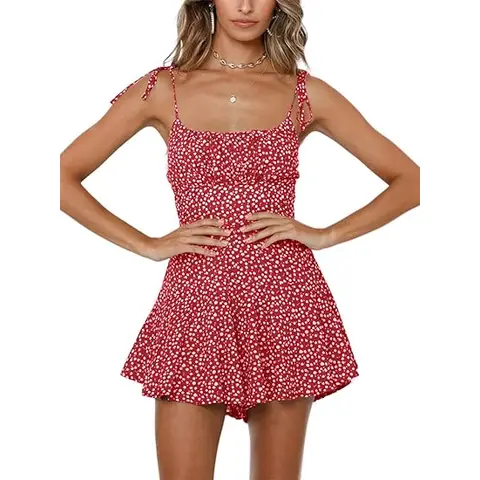 Women's Summer Dress Floral Sleeveless Beach Dress Vintage Mini Dress Coverall Playsuit (WatermelonRed, M)