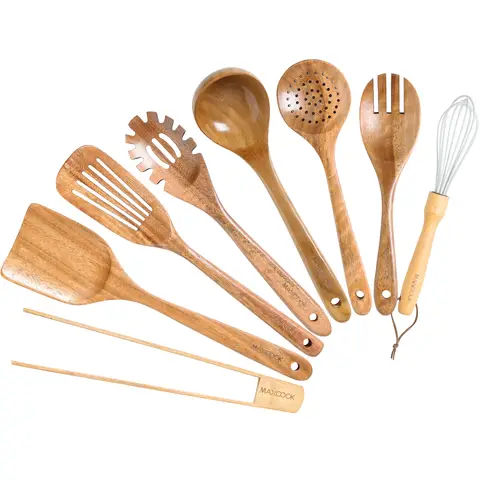 Maxcook 8pcs Teak Wooden Kitchen Utensils Set - Natural Acacia Wood Non-stick Spatula Cooking Spoons,Lightweight, Convenient, Easy to Wash Cooking Utensil set Wood Whisk MCCU2358