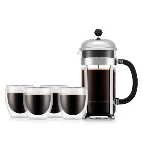BODUM CHAMBORD 1L French Press Coffee Maker & 4 PAVINA Glasses 250ml