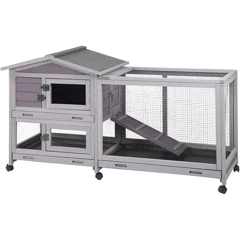 Aivituvin Kaninchenstall für Innen- und Außenbereich, Kaninchenkäfig auf Rädern, Kleintierstall mit 3 tiefen, undurchlässigen Etagen, wasserdichtes Dach (Grau)