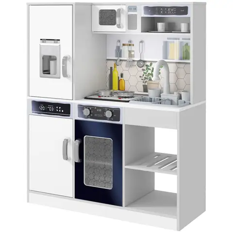 AIYAPLAY Play Kitchen, Pretend Toy Kitchen, Kids Playset with Sounds and Lights Cooking Stove, Running Water, Coffee Maker Refrigerator, Microwave, Accessories