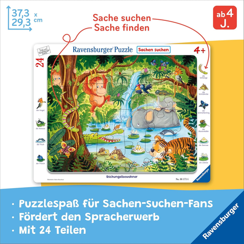 Ravensburger Kinderpuzzle - 06171 Dschungelbewohner - Rahmenpuzzle für Kinder ab 4 Jahren, mit 24 Teilen
