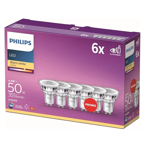 Philips Light Bulb LED Spotlight Pin Base GU10 Warm White 50W Non-Dimmable 6pcs