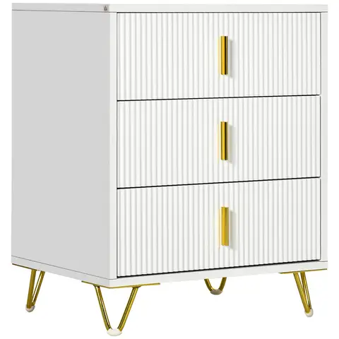 HOMCOM Modern 3 Drawer Dresser, Fluted Bedroom Dresser Chest of Drawers with Metal Legs and Steel Handles for Bedroom, White