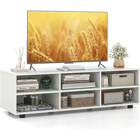 COSTWAY 6-Cubby TV Stand Console Table with Adjustable Shelves - White
