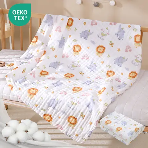 LeBonsoir 2 Pack Towels Set ( 1PC Bath Towel， 1PC Face Cloths)， Muslin Cloths for Baby - Soft 100% Organic Cotton Muslin Squares ，Large Burp Cloths， Absorbent & Breathable and Ideal to Clean， Wipe & Cover Newborns， Cartoon print pattern， (25*50cm*1pc， 70*140cm*1pc)