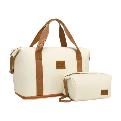 Kono Travel Duffel Bag with a Cosmetic Bag 36L Overnight Weekend Bags Dry and Wet Seperated Sports Gym Bag for Women Men Expandable Water Resistant Carry On Hand Luggage Bag Hospital Tote (Beige)