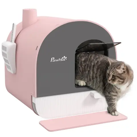 PawHut Hooded Cat Litter Tray with Slide-Out Drawer, Enclosed Cat Litter Box with Anti-Tracking Mat, Scoop, Filter Pink
