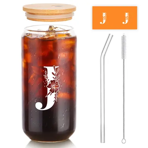 Alphynix 1 modernes Glas, 500ml hohes Eiskaffeeglas mit Monogramm "J"-Design, Bambusdeckel & Strohhalm, Kaltgetränkebecher für Eistee, Saft, Boba,Geschenk zum valentinstag, geschenk zum geburtstag