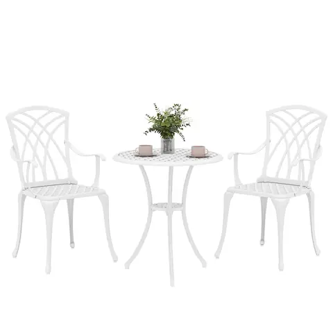 Outsunny 3 Pieces Garden Dining Set for 2, Cast Aluminium Outdoor Dining Set with 2 Armchairs and Round Dining Table with Parasol Hole, Garden Furniture Bistro Set, White