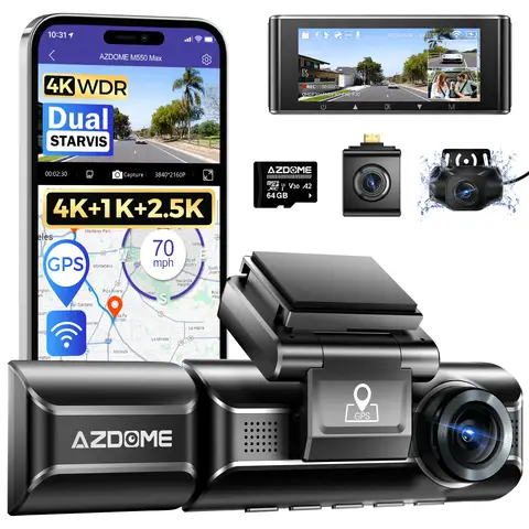 AZDOME M550 MAX 4K Dashcam Car 4K+ 1080P+ 2.5K Front Rear Interior with Dual STARVIS, 64GB SD Card, WiFi, GPS, Super Night Vision