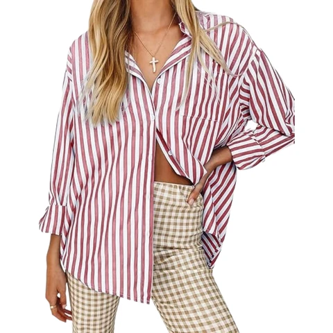 Women's Blouses Striped Long Sleeve Shirts Button Down Loose Fit Casual Tops (red, M)