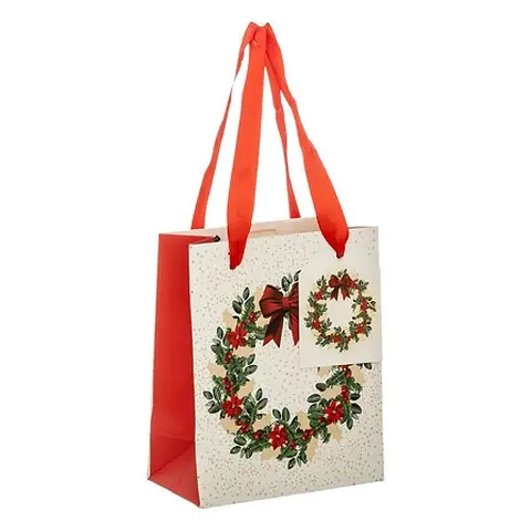 Mini-Geschenktasche mit Weihnachtskranz-Druck, Rot und Weiß