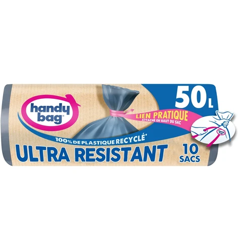 HANDY BAG Sacs Poubelle Ultra-Résistants Lien Coulissant 50L 68x80cm (10 Sacs)