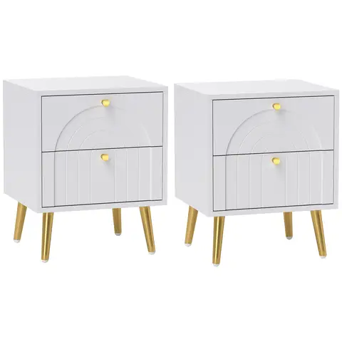 HOMCOM Bedside Table Set of 2, Modern Bedside Cabinets with 2 Drawers and Steel Legs, Side Tables for Living Room, Bedroom, 40 x 35 x 50 cm, White
