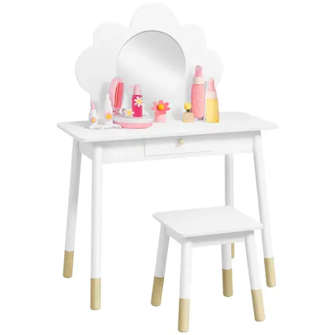 AIYAPLAY Kids Dressing Table with Mirror, Stool, Kids Vanity Table with Cloud Design, Drawer, for Ages 3-6 Years, White