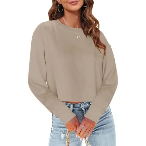 Woman Long Sleeve Cropped T Shirts Round Neck Casual Drop Shoulder Crop Tops Solid Sweater Tees (khaki, L)