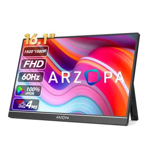 ARZOPA 16.1'' Portable Monitor 1080P FHD IPS, 100% sRGB High Color Gamut Display with Kickstand, Eye-Care External Screen for Office & Entertainment – Z1C
