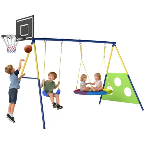 AIYAPLAY 4-in-1 Kids Swing Set with Saucer Swing, Basketball Hoop and Football Goal, Outdoor Playground Playset with Heavy-Duty Metal Frame for Garden, Ages 3-8, Multicolour