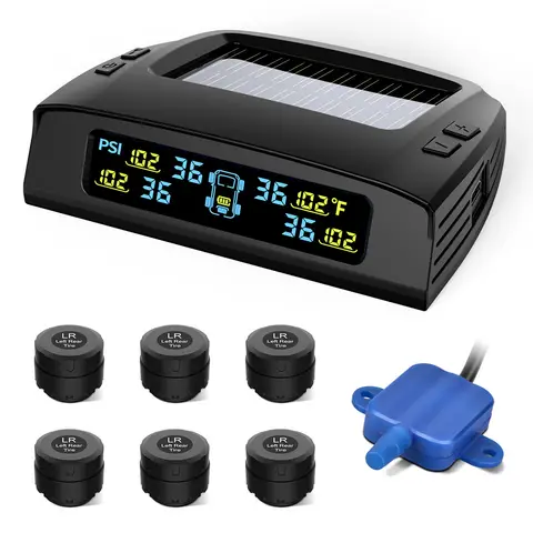 Tymate RV Tire Pressure Monitoring System, Solar Tire Pressure Monitor with 4 Sensors, 0-87PSI, 6 Alarm Modes, Repeater, Color LCD Screen, Suitable for RV/Trailer/Truck/SUV, TM2C+6TS2+TR5