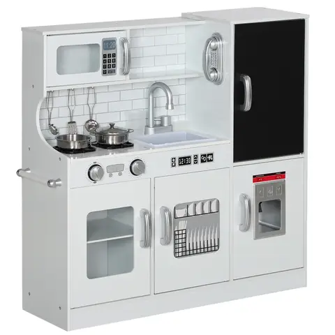 AIYAPLAY Play Kitchen, Kids Kitchen Playset Toy with Chalkboard, Toy Phone, Microwave, Ice Maker, Cooking Stoves White