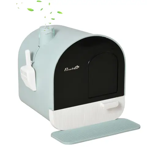 PawHut Hooded Cat Litter Tray with Slide-Out Drawer, Enclosed Cat Litter Box with Anti-Tracking Mat, Scoop, Filter Green