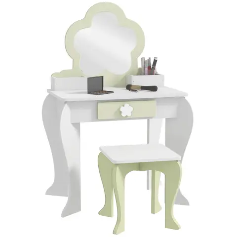 ZONEKIZ Dressing Table with Mirror and Stool, Kids Vanity Table, Girls Makeup Table with Drawer, Storage Boxes, Beauty Flower Design, for Ages 3-6 Years - White