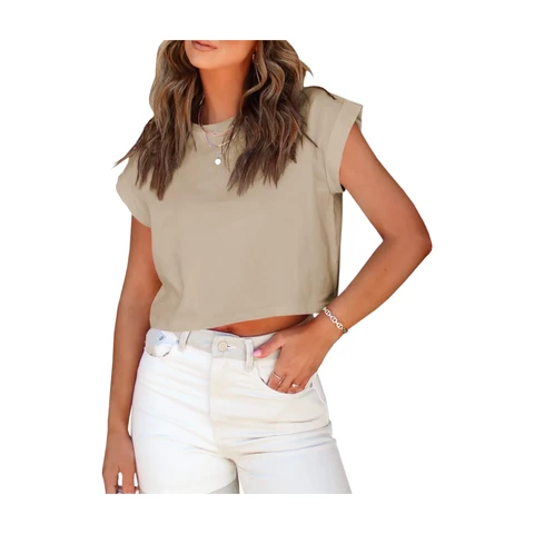 Women's Short Sleeve Cropped T-Shirts Summer Rolled Dolman Sleeve Crop Tops Casual Round Neck Solid Short Basic Tees (khaki, M)
