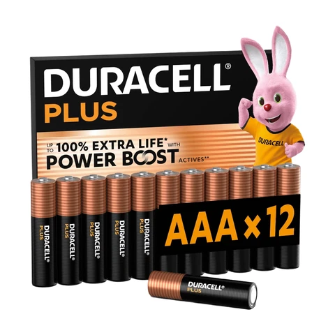 DURACELL Plus Piles AAA (Lot de 12) – Piles Alcalines 1,5 V – Durent jusqu’à 100 % plus longtemps* grâce aux Actifs POWER BOOST** – Fiable pour vos Appareils du Quotidien – Emballage 0 % Plastique – Conservation garantie 10 ans - LR03 MN2400