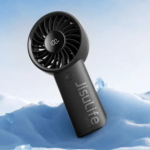 JISULIFE Portable Handheld Fan Life 4, 5000mAh Rechargeable, 12-Blade Turbo For Powerful Wider Wind, 5 Speed, LED Display, Personal Fan, Black