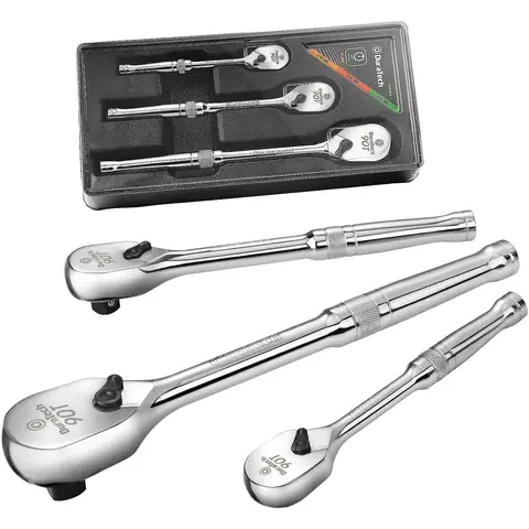 DURATECH Jeu de 3 clés à cliquet, clés à cliquet 1/4", 3/8", 1/2", résistance à la saleté, clé à cliquet à 90 dents, fabriquée en alliage chromé, entièrement polie, rangée dans un étui de rangement