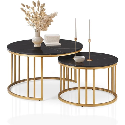 CLIPOP Set of 2 Nesting Coffee Table for Living Room, Modern Stackable Round Side Table with Golden Metal Frame Marble Effect Tabletop, Sofa Table for Small Space, Black 80 x 80 x 45cm