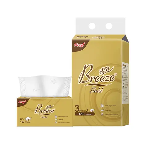 BREEZE GOLD Facial Tissue M Size 3 ply 150 sheets x 3 packs, total 450 sheets, soft & skin-friendly, strong when wet, for living room, dining table, bedroom, office
