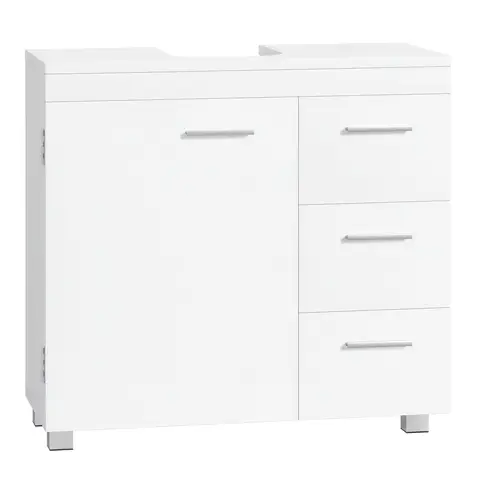 JOYFURNOS Onderwastafelkast voor badkamer, Mat Wit, 30 x 70 x 63,8 cm – opbergmeubel met pootjes, 3 laden en 2 vakken achter de deur, voor wastafels met voetstuk