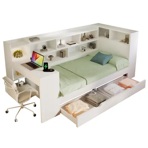 Merax Single Daybed with Bookcase & Computer Desk, 3FT Sofa Bed with Storage, Drawers & USB Type-C Port, 90 x 190 cm Multi-functional Wooden Bed Frame for Living Room/ Bedroom, White (No Mattress) 