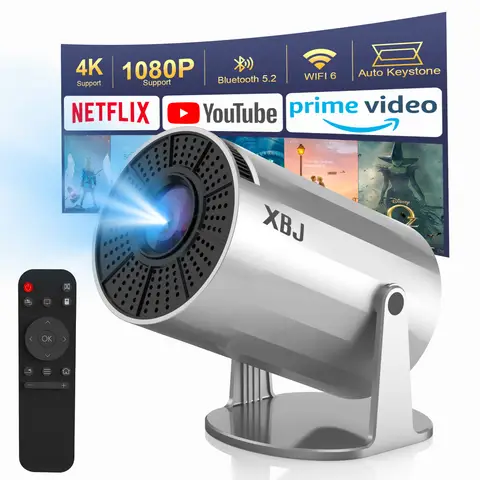 XBJ Projecteur portable argenté avec WiFi 6 et Bluetooth 5.2 1080P/4K HD, Système Android 11, 300 ANSI, écran 40-200 pouces
