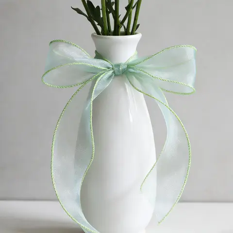 JU7CER 2-piece Princess Snow Tulle Fishtail Ribbon Set [Seaweed Green] 2.5cm x 18m Bow-Tie Wavy Tulle Plain Silk Ribbon Floral Packaging Material Tape