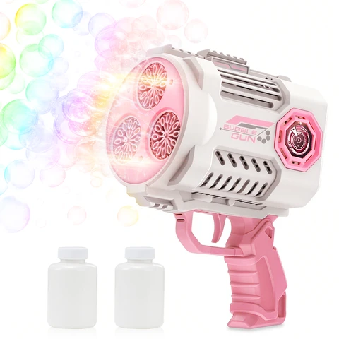 TOKKY Children's Electric Bubble Gun, 36-Hole High-Density Bubbling, Leak-Proof Design, Large-Capacity Bubble Bottle, Colorful Lights, with Replacement Bubble Liquid, Easy-to-Install Bubble Toy, Suitable for Outdoor Parent-Child Interaction - Pink