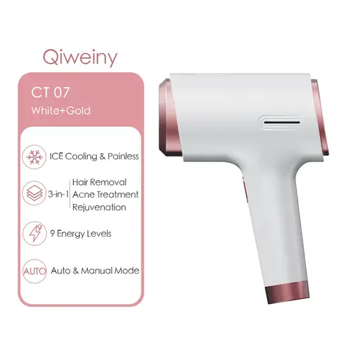Qiweiny CT07 IPL Hair Removal Device with Ice Cooling, White - 9 Levels & 3-in-1 Modes, 45°F Painless Treatment for Men & Women, Salon-Grade Results at Home, Includes Razor & Goggles