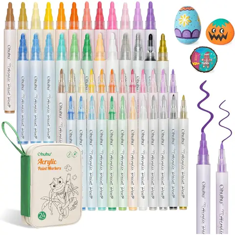 Ohuhu Lot de 48 Marqueurs Peinture Acrylique : Double Pack Pointe Fine & Pointes Réversibles (Biseautée & Ronde) 24 Couleurs