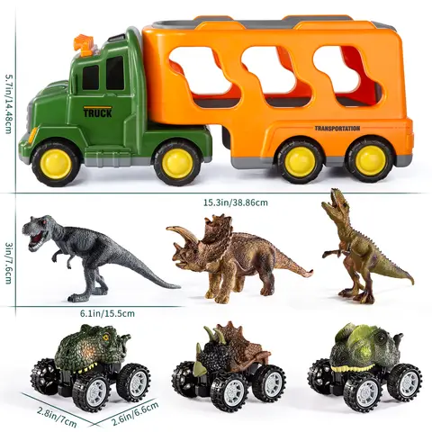 Jouet dinosaure camion avec 3 figurines de dinosaures et 3 voitures monstres, véhicule jouet 7-en-1 à friction avec éclairage et son, dans un support