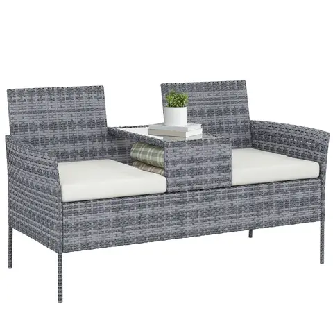 Outsunny Banc de Jardin en résine tressée 2 Places avec Table et Coussins, 135 x 64 x 81 cm, pour Balcon et Terrasse, Canapé Extérieur, Résistant aux Intempéries, Noir crème