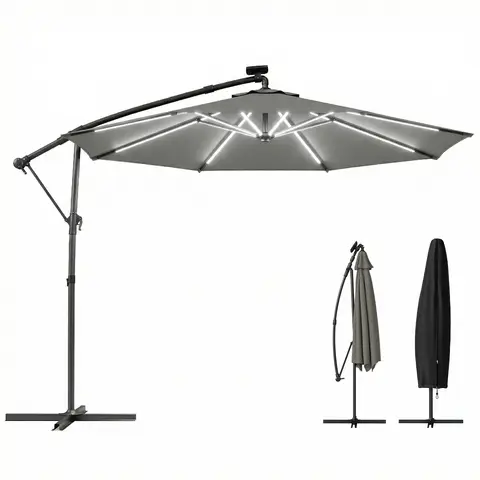 Outsunny 3 m Garden Cantilever Parasol with LED Solar Light, Round Overhanging Umbrella with 6-Position 360° Rotation, Crank Handle, Tilt, Cover, Banana Patio Umbrella for Outdoor Sun Shade, Grey