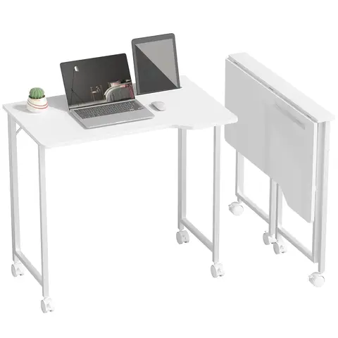 HOMCOM Small Folding Desk, 80 cm Foldable Computer Desk on Wheels for Small Space White
