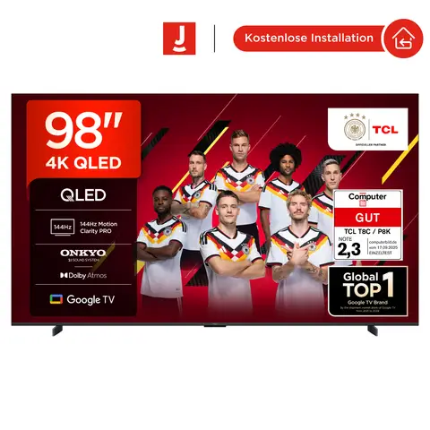 TCL 98T8C 98 Zoll QLED 4K HDR Ultra HD Fernseher, Smart TV mithilfe von Google TV (Dolby Vision Atmos, 144Hz Motion Clarity Pro, Game Bar, ALLM, FreeSync, Onkyo 2.1 Sound,Sprachsteuerung)