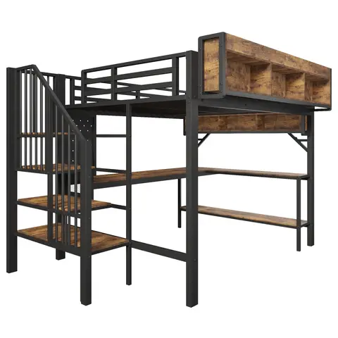 Hochbett 140x200 cm Vintage Braun-Schwarz mit Eckschreibtisch, Stauraum & Lochplatte, Steckdose USB Typ-C & LED, großes Hochbett EN747 (ohne Matratze)