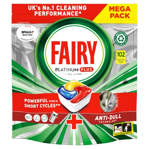 Fairy Platinum Plus All In One Dishwasher Tablets Lemon, 102 Tablets